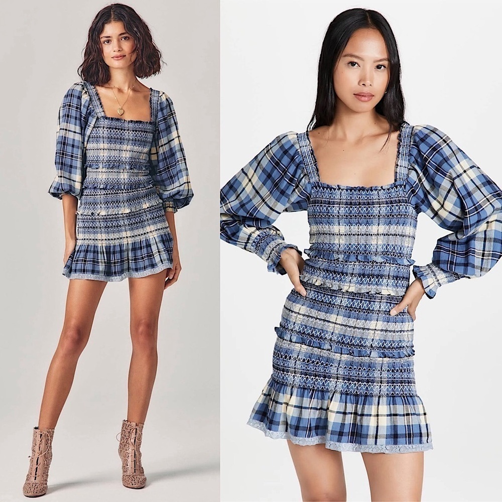 NEW LOVESHACKFANCY 90s Plaid Puff Sleeve Square Neck Smocked Tier Ruffle Dress M